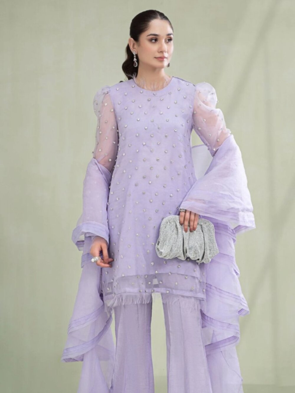 Maria B. Lavender Crystal Embellished Organza Kurti Top | Size S